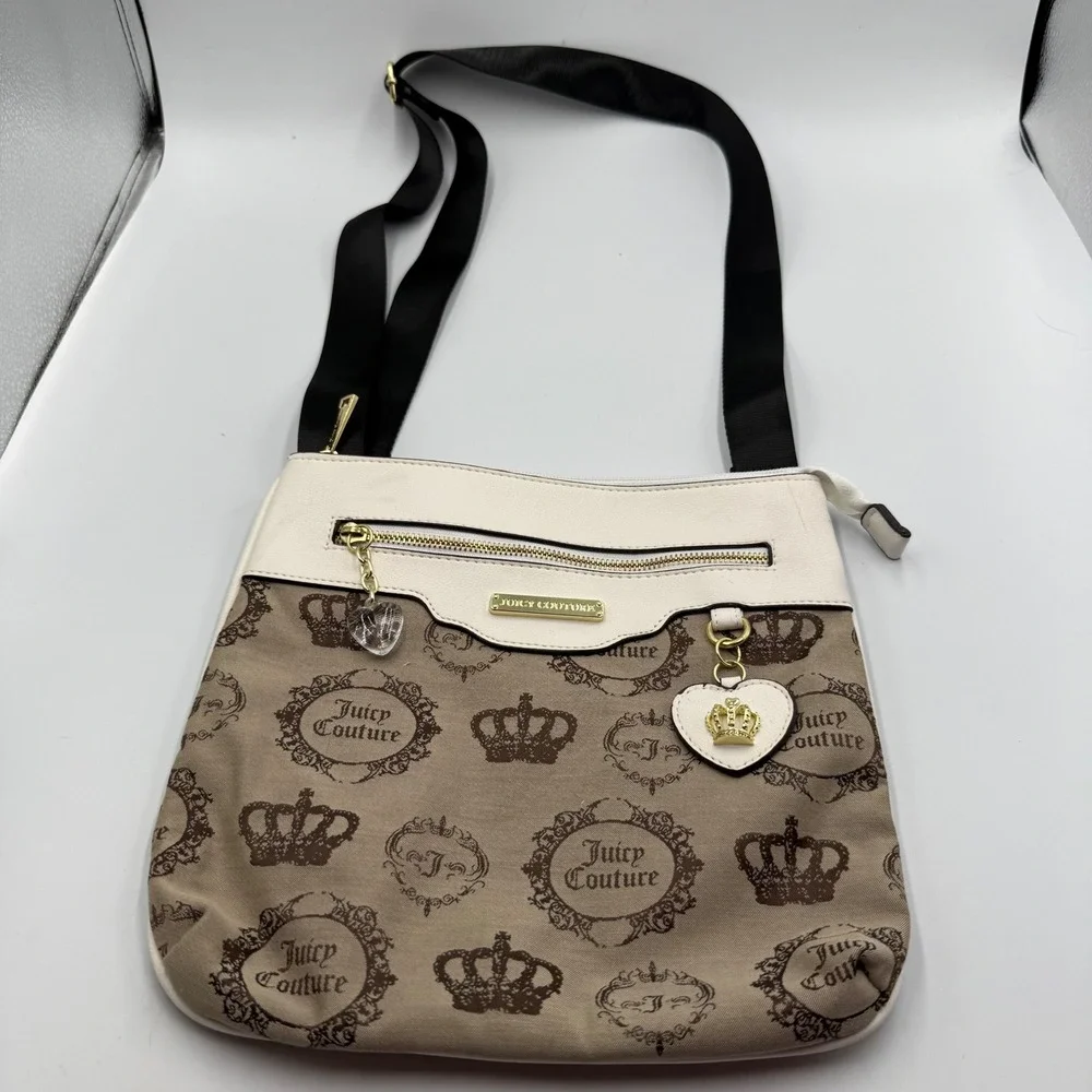 Juicy Couture Crossbody Bag OS Brown Cream Y2K Crown‎ Monogram Heart Charm